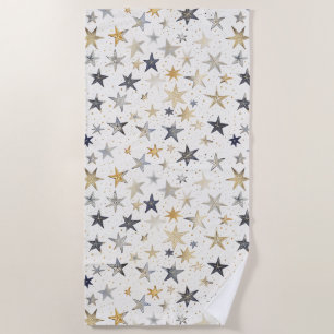 Gold Silver Blue Stars Beach Towel