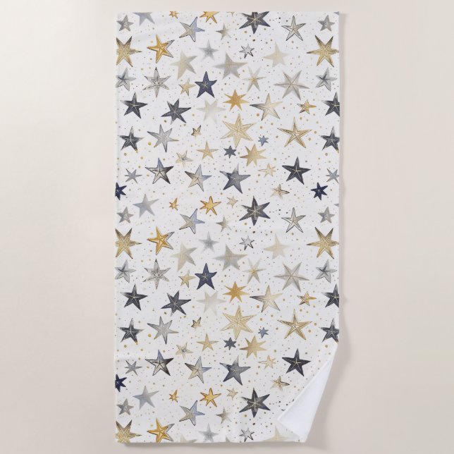 Gold Silver Blue Stars Beach Towel (Front)