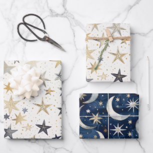 Gold Silver Blue Stars Birthday Wrapping Paper Sheet