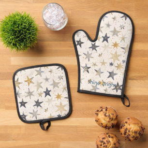 Gold Silver Blue Stars Oven Mitt & Pot Holder Set