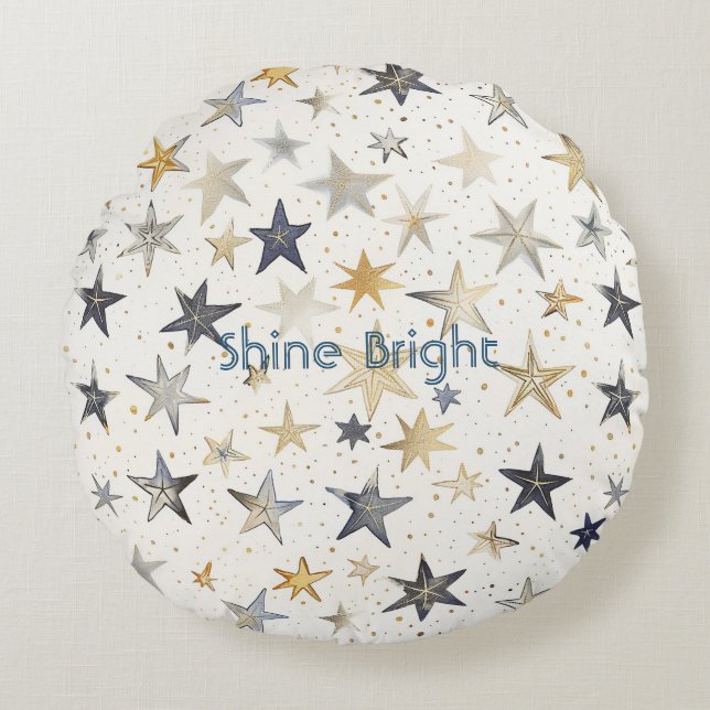 Gold Silver Blue Stars Round Cushion (Front)
