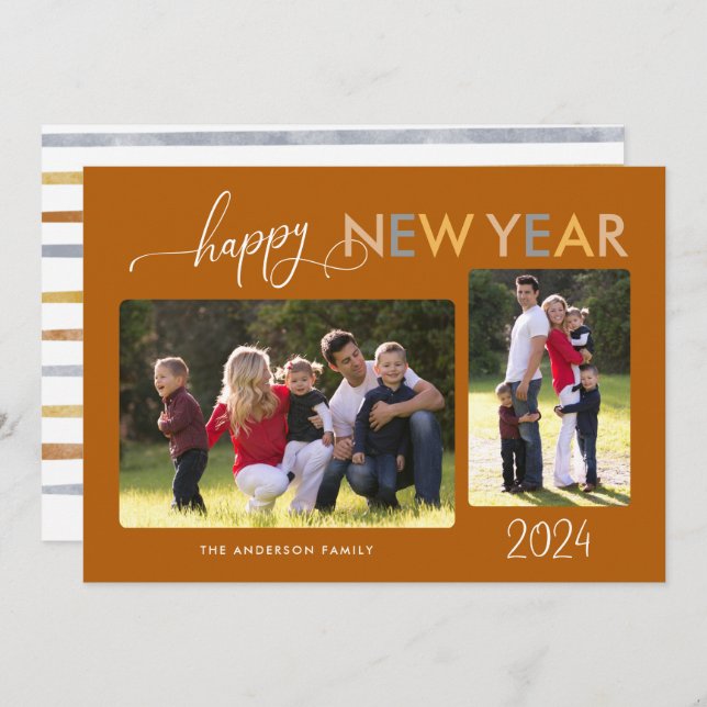 Gold Silver Bronze Happy New Year 2 Photos Black H Holiday Card (Front/Back)