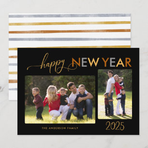Gold Silver Bronze Happy New Year 2 Photos Black Holiday Card