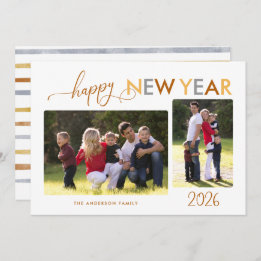 Gold Silver Bronze Happy New Year 2 Photos Holiday Card