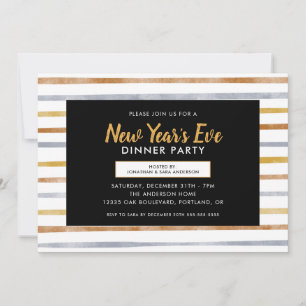 Gold Silver Bronze Stripes New Year's Dinner Party Invitation