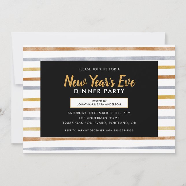 Gold Silver Bronze Stripes New Year's Dinner Party Invitation (Front)