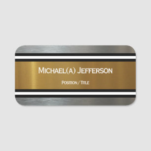 Gold & Silver Brushed Texture: Black White Striped Name Tag