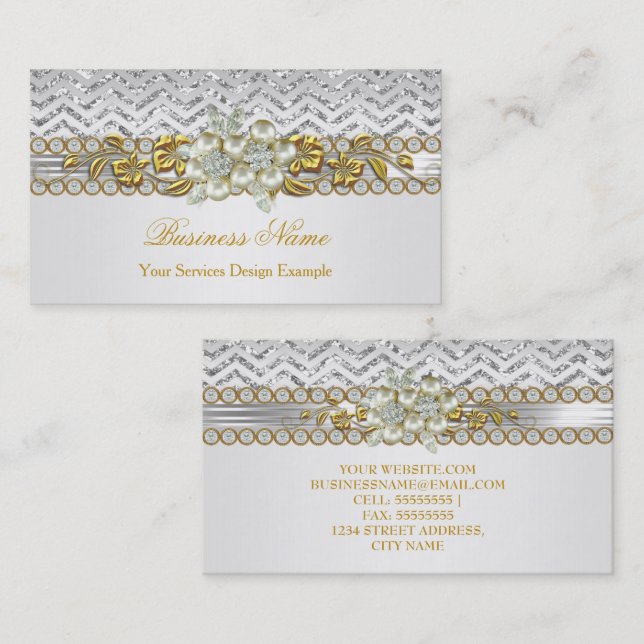 Gold Silver Chevron White Diamond Pearl Floral Business Card (Front/Back)