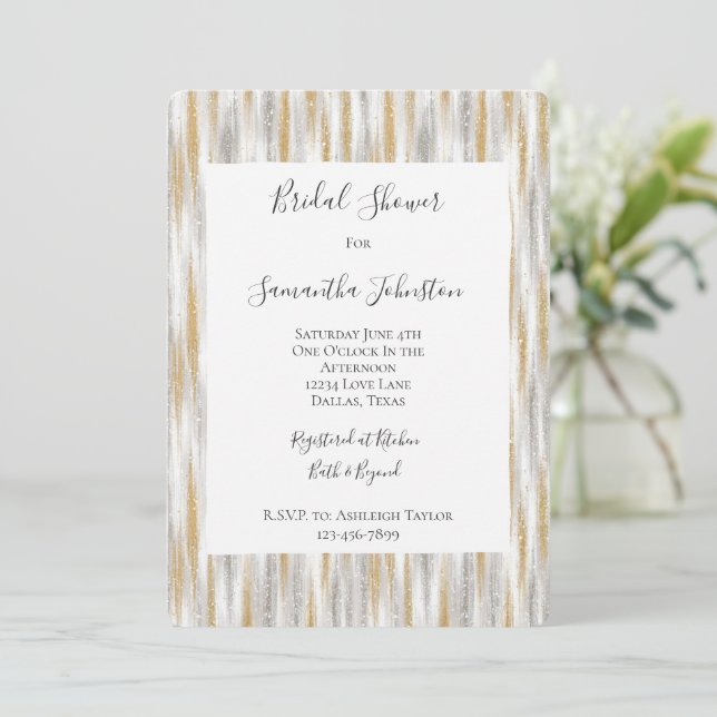 Gold Silver Chic Glam Glitzy Stripes Bridal Shower Invitation (Standing Front)