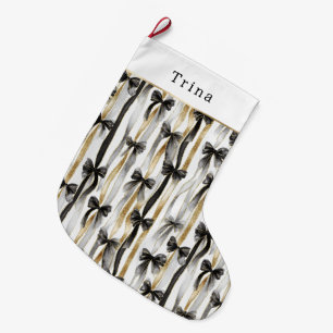 Gold Silver Christmas Black Ribbons & Bows Large Christmas Stocking