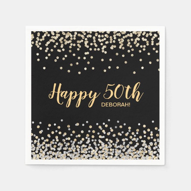 Gold Silver Confetti 50th Birthday Party Napkin (Front)