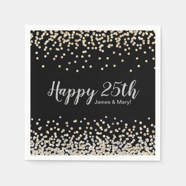 Gold Silver Confetti Custom 25th Anniversary Party Napkin (Front)