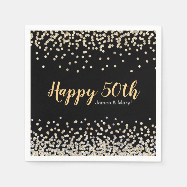 Gold Silver Confetti Custom 50th Anniversary Party Napkin (Front)