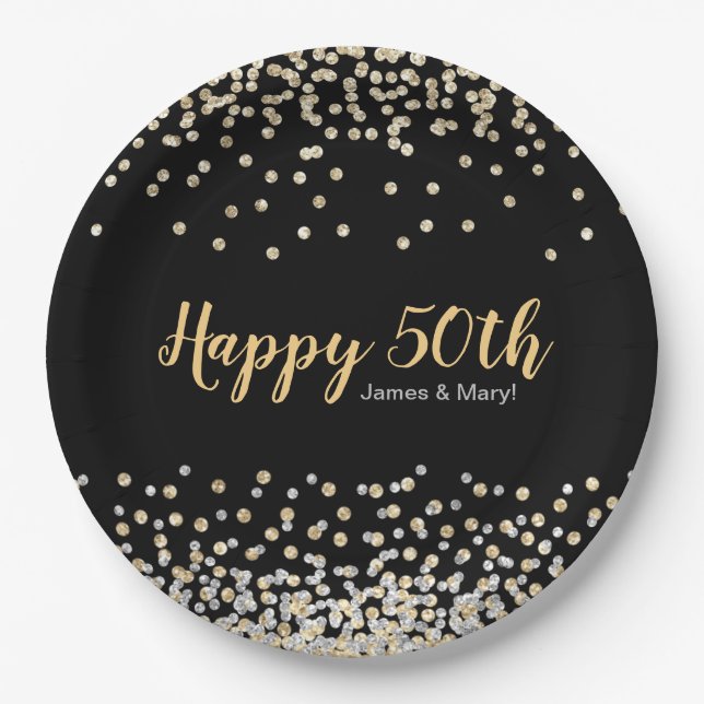Gold Silver Confetti Custom 50th Anniversary Party Paper Plate (Front)