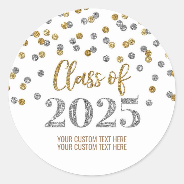 Gold Silver Confetti Graduation 2025 Classic Round Sticker (Front)
