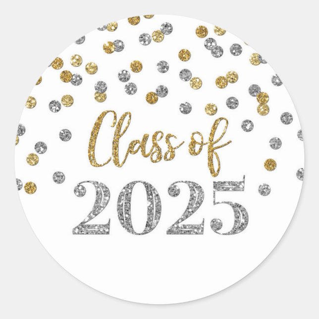 Gold Silver Confetti Graduation 2025 Classic Round Sticker (Front)