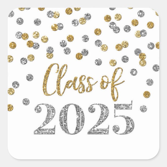 Gold Silver Confetti Graduation 2025 Square Sticker (Front)