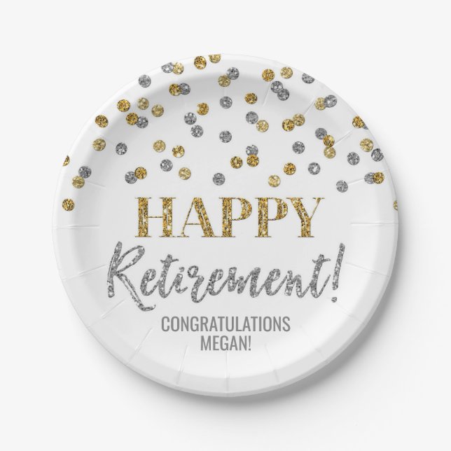 Gold Silver Confetti Happy Retirement Paper Plate (Front)