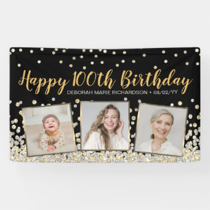 Gold Silver Confetti Photo Collage 100th Birthday Banner