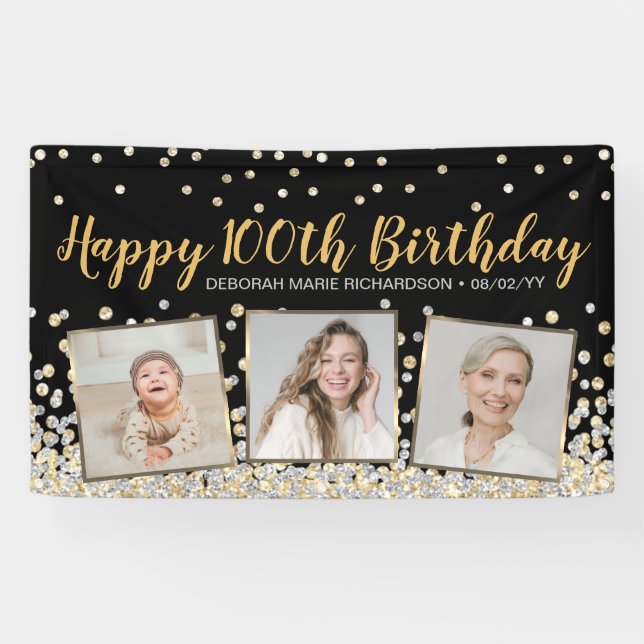 Gold Silver Confetti Photo Collage 100th Birthday Banner (Horizontal)