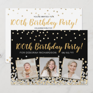 Gold Silver Confetti Photo Collage 100th Birthday Invitation