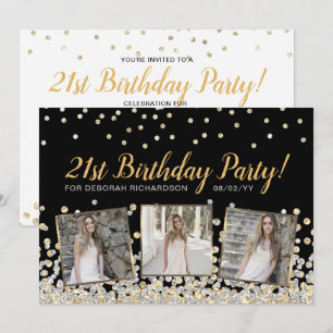 Gold Silver Confetti Photo Collage 21st Birthday Invitation
