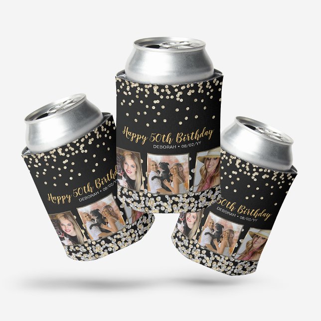 Gold Silver Confetti Photo Collage 50th Birthday Can Cooler (Creator Uploaded)