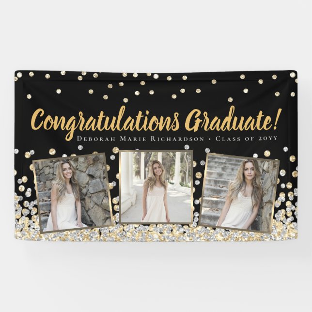 Gold Silver Confetti Photo Collage Graduation Banner (Horizontal)