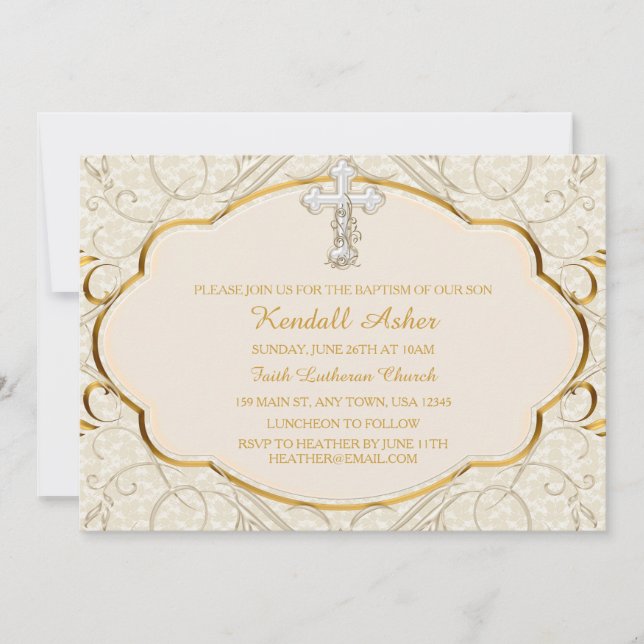 Gold & Silver Cross Baptism Christening Invitation (Front)