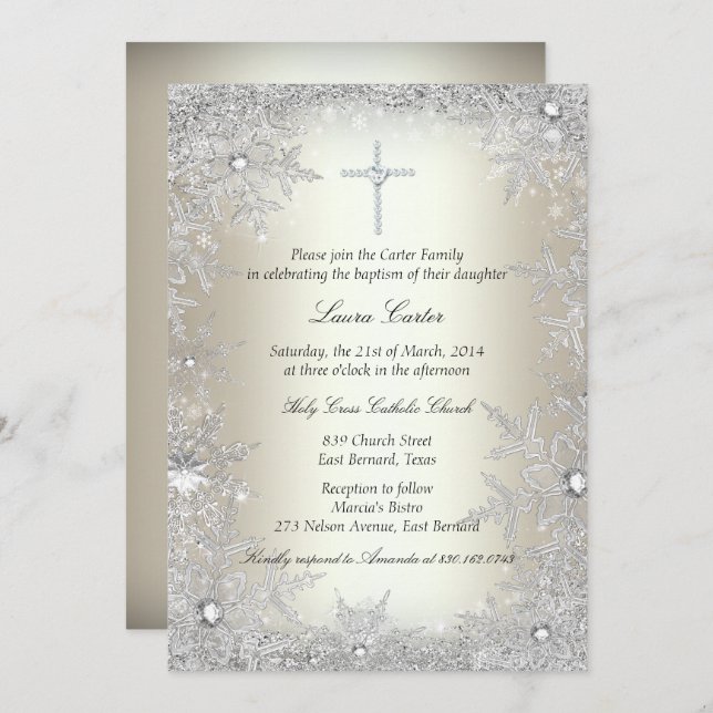 Gold Silver Crystal Snowflake Baptism/Christening Invitation (Front/Back)