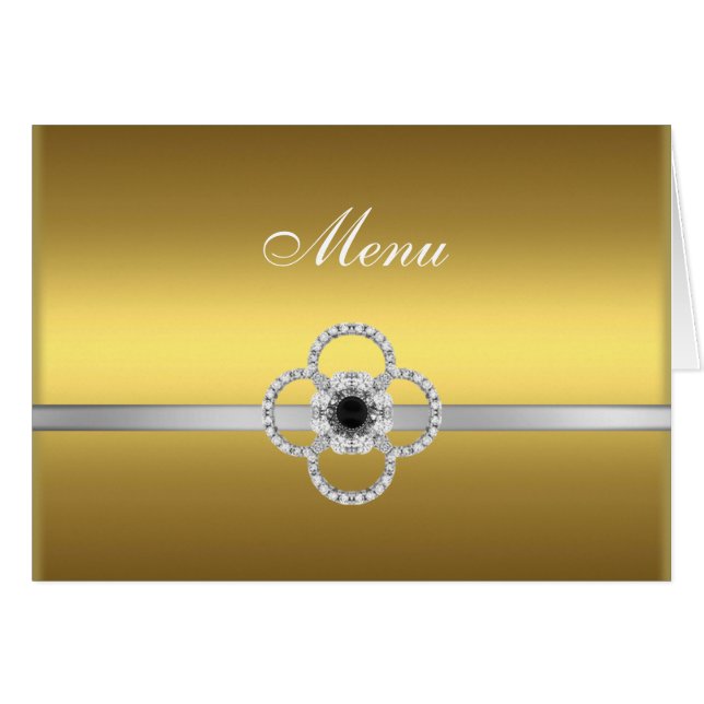Gold Silver Diamond Black Jewel Menu Note Card (Front Horizontal)
