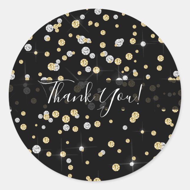 Gold & Silver Diamond Bling Confetti Black Favour Classic Round Sticker (Front)