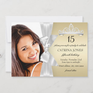 Gold Silver Diamond Bow & Tiara Quinceanera Invite
