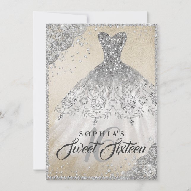 Gold Silver Diamond Sparkle Gown Sweet Sixteen Invitation (Front)