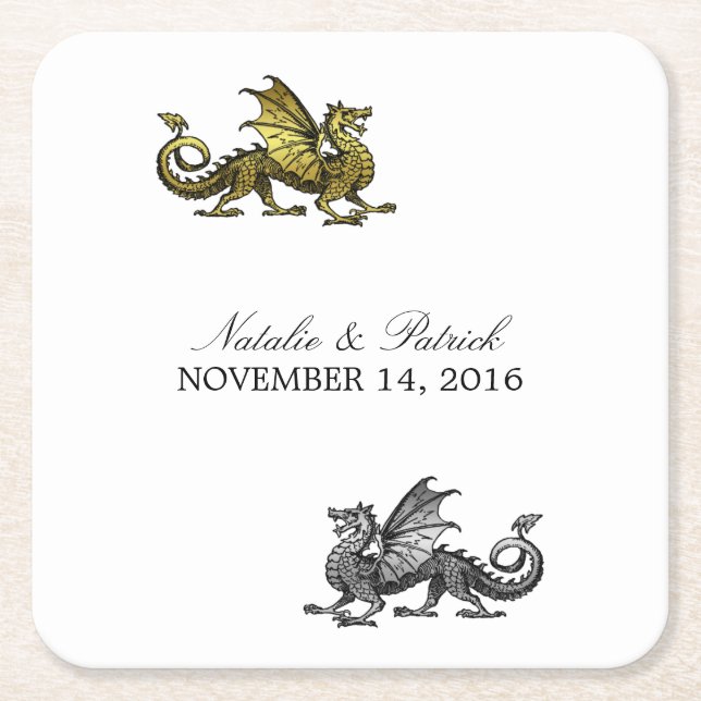 Gold Silver Dragon Wedding Paper Coasters (Front)