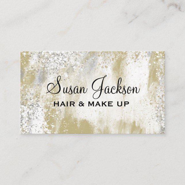 Gold Silver Elegant Black Script Hair & Makeup Bus Business Card (Front)