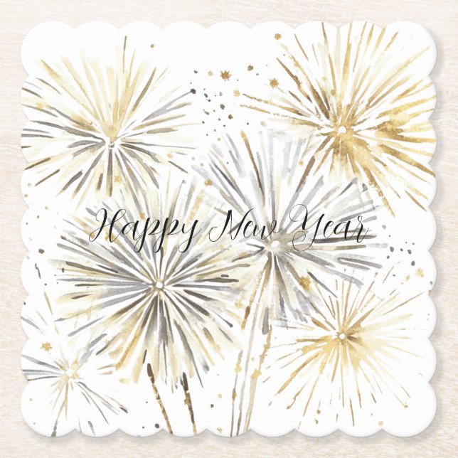 Gold Silver Fireworks New Year's Eve or Day Paper Coaster (Front)