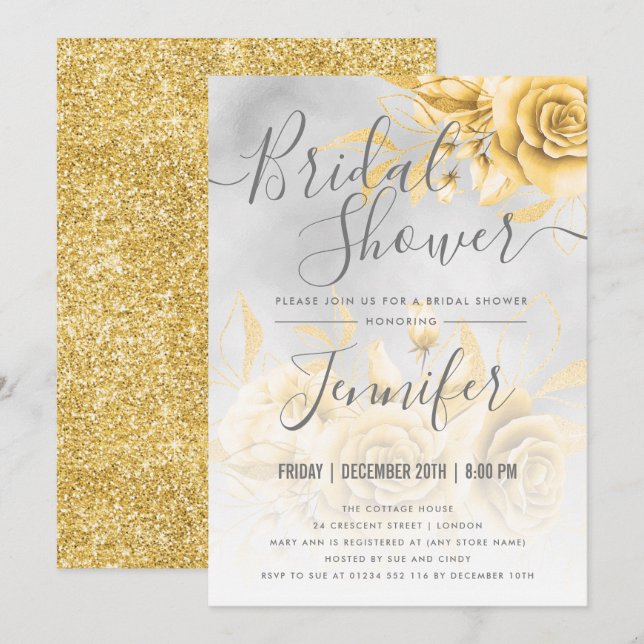Gold Silver Floral Glitter Bridal Shower Invitation (Front/Back)