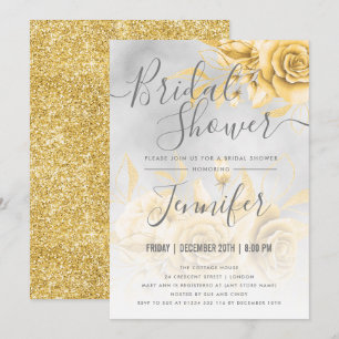 Gold Silver Floral Glitter Bridal Shower Invitation