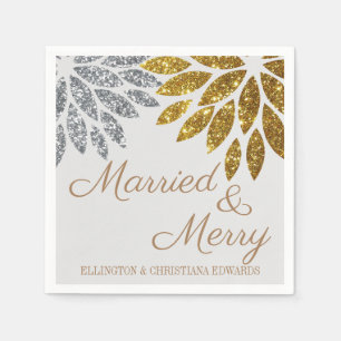 Gold Silver Floral Married and Merry Christmas Napkin