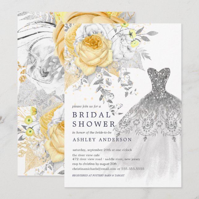 Gold & Silver Floral Wedding Dress Bridal Shower Invitation (Front/Back)