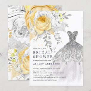 Gold & Silver Floral Wedding Dress Bridal Shower Invitation