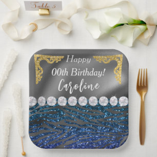 Gold Silver Foil & Dark Blue Zebra Print Birthday Paper Plate