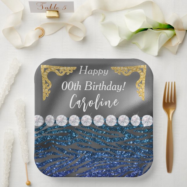 Gold Silver Foil & Dark Blue Zebra Print Birthday Paper Plate (Wedding)
