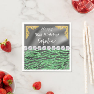 Gold Silver Foil  Light Green Zebra Print Birthday Napkin