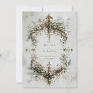 Gold Silver Frame Blue Gemstone Baroque Wedding Invitation