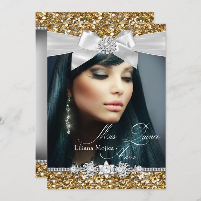 Gold Silver Glitter Bow Photo Quinceanera Invite (Front/Back)