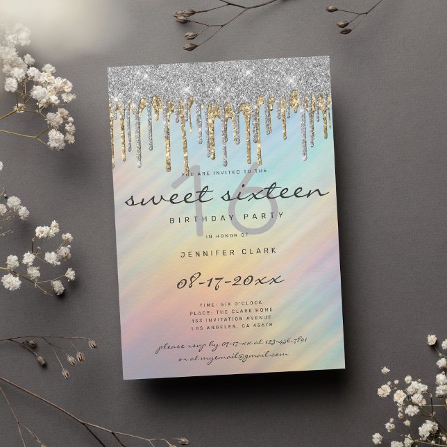 Gold Silver Glitter Drips Holographic Sweet 16 Invitation (Gold Silver Glitter Drips Holographic Sweet 16)