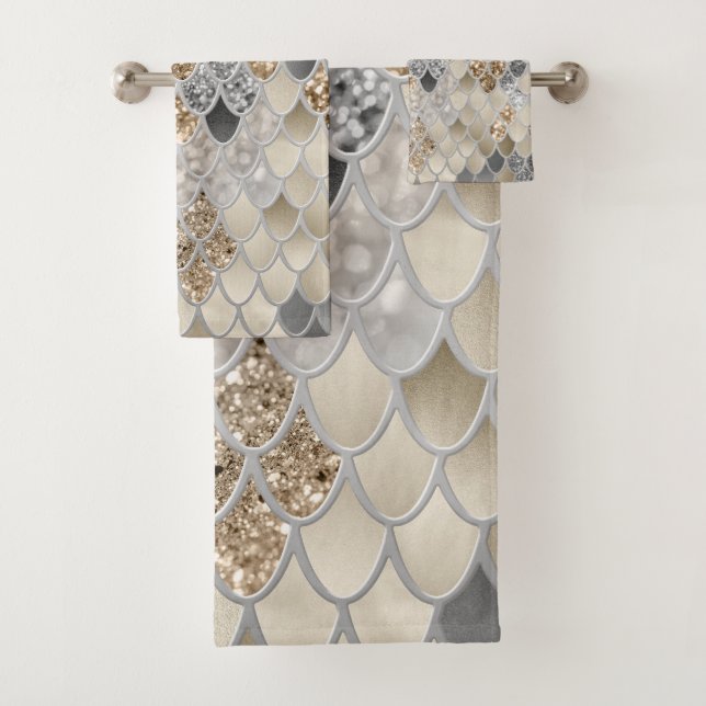 Gold Silver Grey Mermaid Scales Glam #1  Bath Towel Set (Insitu)