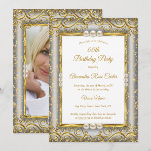Gold Silver Grey White Pearl Photo Birthday Party Invitation